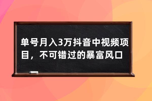 单号月入3万抖音中视频项目，不可错过的暴富风口 